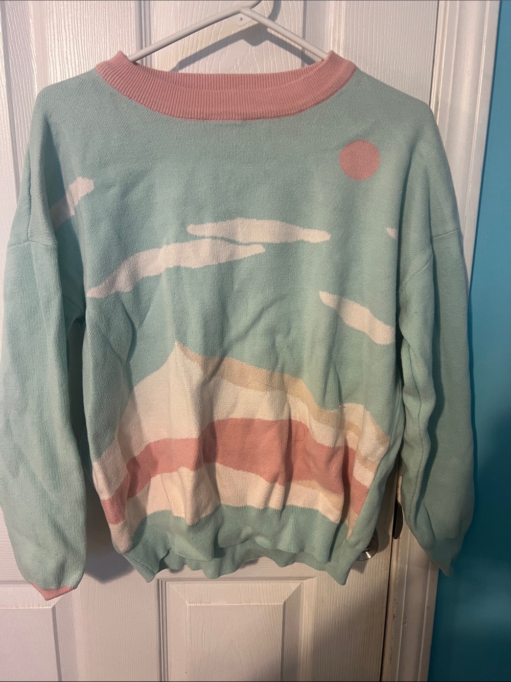 Princess Polly Pastel Mint Crewneck Sweater with Pink, Cream & Peach Accents